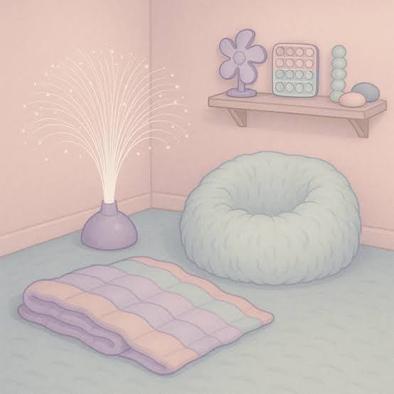 A warm, modern sensory room with soft lighting, a cocoon swing, bubble tube, and sensory panels.